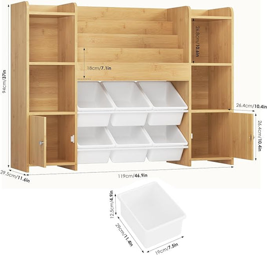 FINETONES Toy Storage Organizer with 6 Toy Bins, Toy Organizer Kids Bookshelf with 6 Cubbies, Toy Organizers and Storage Bins Playroom Storage for Kids Room, Natural
