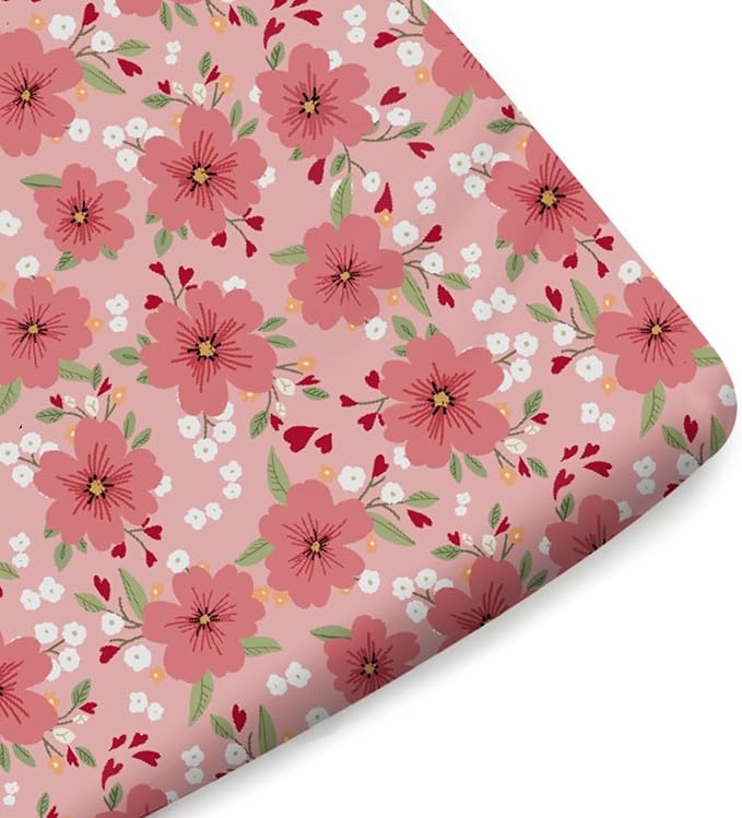 Love Blooms Fitted Baby Crib Sheets for Boy Girl 52"x28" Red Heart Blossoms Soft Breathable Stretchy Crib Mattress Covers Spring Floral Baby Sheets for Standard Crib and Toddler Bed Mattresses