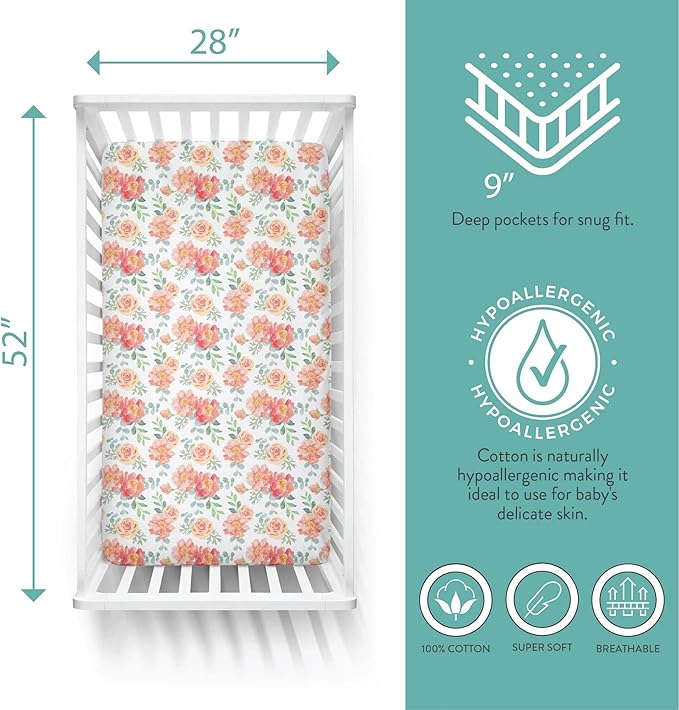 Featherhead™ 2-Pack Fitted Crib Sheets - 100% Cotton - 52" x 28" x 9" for Standard Crib and Toddler Mattress (Jersey Garden Floral)