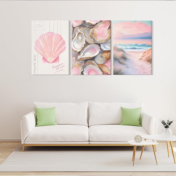 Framed Preppy Coastal Canvas Wall art Pink Beach Daughter Aesthetic Room Wall Decor Shells Oyster Paintings Picture Summer Poster Print for Girls Room Girls Dorm Home Decoration 24"×16"