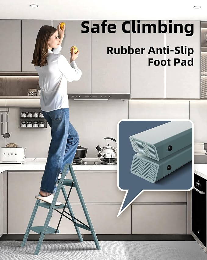 HillhutApex 3 Step Stool, Aluminum Foldable Step Ladder, Lightweight Stable Stool with Wide Non-Slip Pedals, 330lbs Bearing Capacity Ladder for Office,Home,Kitchen - Light Blue