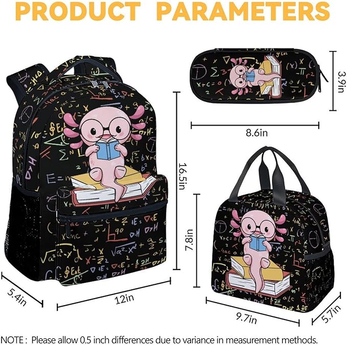 Mercuryelf Axolotl Boys Girls Backpack with Lunch Box Set, 3 in 1 School Travel Backpacks Matching Combo, Black Cute Bookbag and Pencil Case Bundle