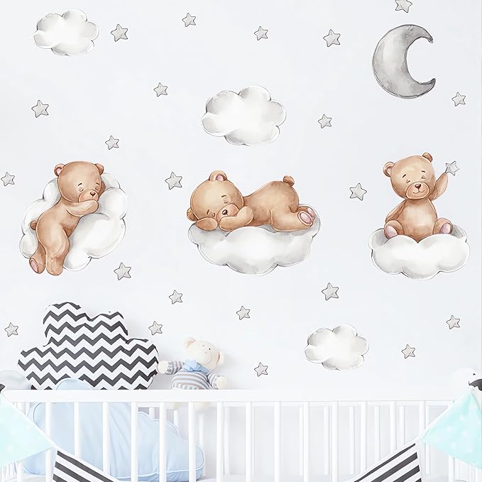 Cute Brown Sleeping Baby Bear Wall Stickers, sacinora Moon and Stars DIY Art Wall Decals Removable Vinyl Peel and Stick for Kids Baby Nursery Bedroom Toddler Room Kindergarten Decorations