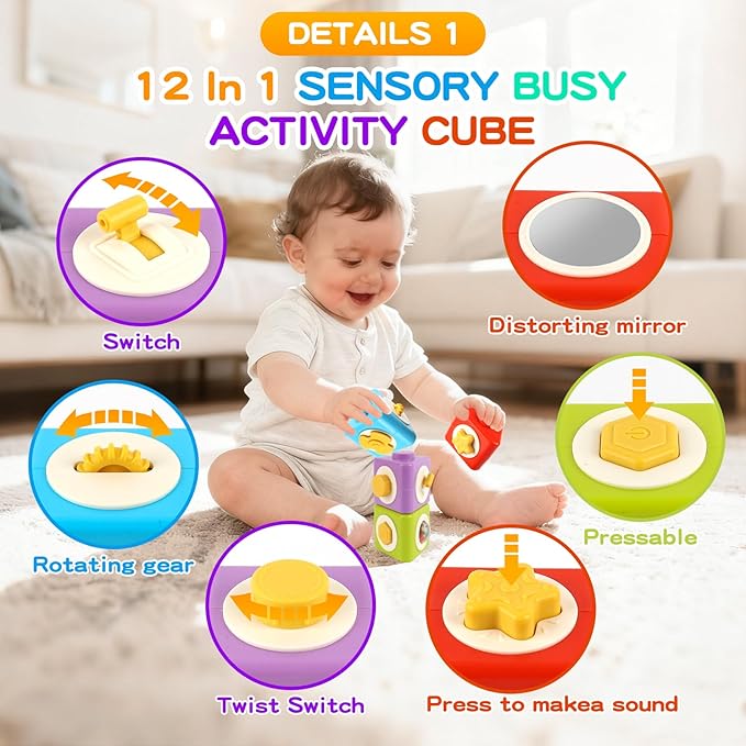 Montessori Busy Board for 1 Year Old, Toddler Travel Toys for Airplane & Car, Educational Activity Cube Stacking Toys for Toddler 1-2,Stocking Stuffers & Gifts for Toddlers Christmas