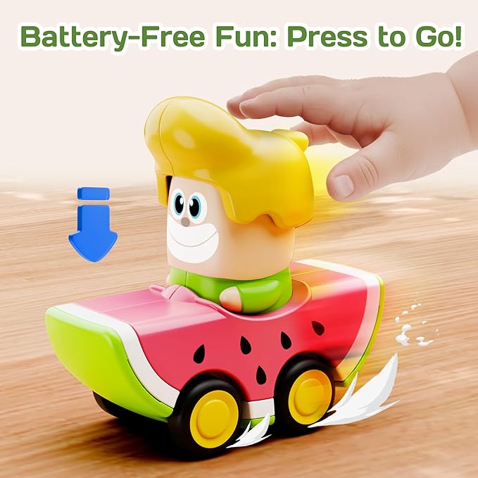 iPlay, iLearn 6PCS Press to Go Car Toys for Toddlers 1-3, Baby Push Go Racing Cars, Infant Fruit Vegetable Vehicle Set for 18 24 Month, Baby Birthday Stocking Gifts for 1-2 Years Old Boys Girls Kids