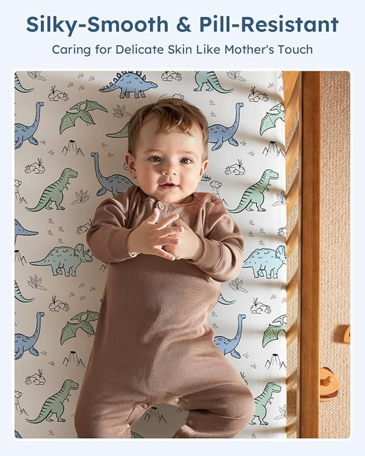 Baby Crib Sheets for Boys Girls, 28x52x8in Fitted Crib Sheet Neutral 3 Pack for Standard Crib and Toddler Mattress, Breathable Soft Microfiber Baby Sheet Green & Blue Dinosaur