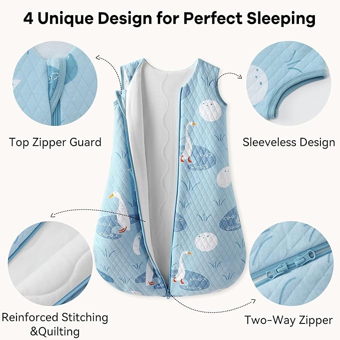 Baby Sleep Sack 0-6 Months 1.5 Tog Baby Wearable Blanket 100% Cotton Fabric Warm Sleeping sack with 2-Way Zipper Quilted for Infant Newborn Tog Blue Duck