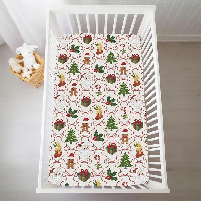 Santa Christmas Bows Baby Crib Sheets for Boy Girl Retro Christmas Trees Stockings Fir Gifts Soft Snug Fitted Crib Mattress Covers for 52x28 Standard Crib & Toddler Mattress Winter Baby Sheets