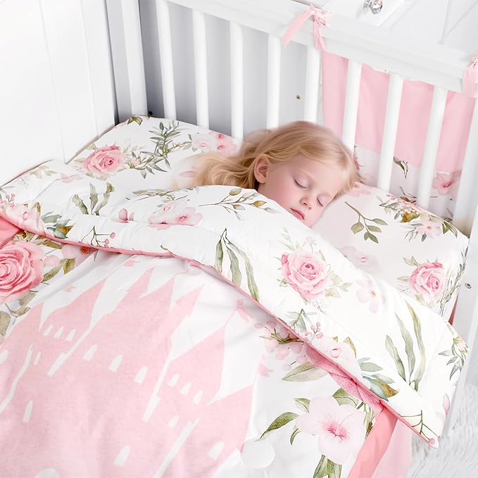 TANOFAR 4-Piece Crib Bedding Set for Baby Girls, Floral Castle Nursery Bedding Set Includes Comforter, Fitted Crib Sheet, Crib Skirt, and Diaper Stacker, Pink