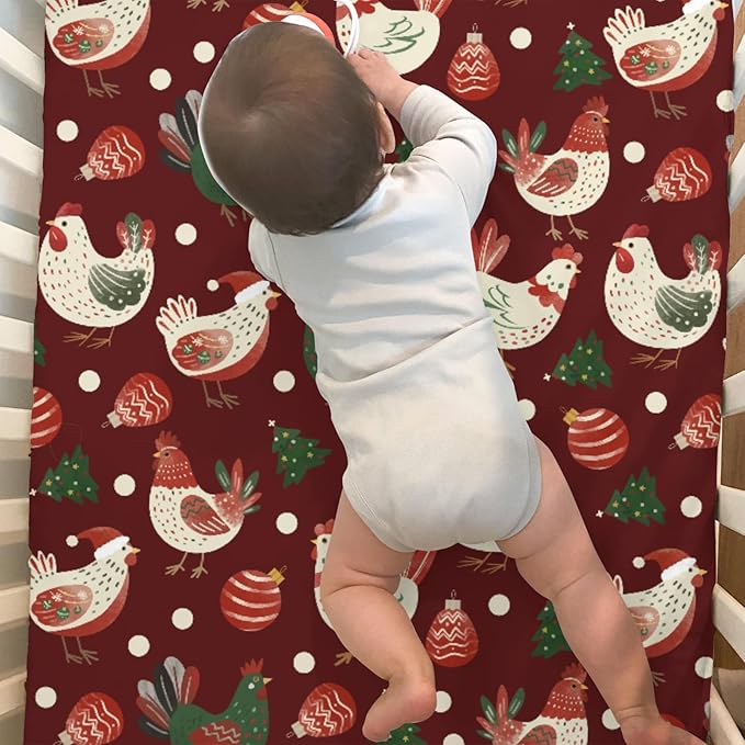 Santa Chicken Baby Crib Sheets for Boy Girl 52x28Inch Cute Christmas Chicken Soft Snug Fitted Crib Mattress Cover Christmas Farm Rooster Hen Baby Sheet for Standard Crib & Toddler Mattress 2 Pack