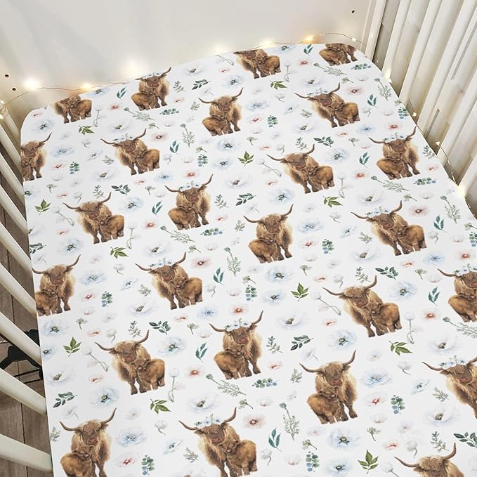 Boho Highland Cow Floral Baby Crib Sheets for Boy Girl 52"x28" Highland Yak Cattle Poppies Soft Snug Fitted Crib Mattress Cover Farmland Animal Baby Sheet for Standard Crib & Toddler Bed Mattress
