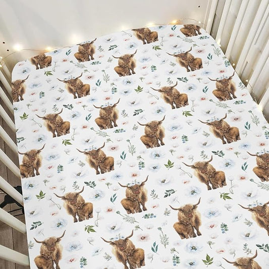 Boho Highland Cow Floral Baby Crib Sheets for Boy Girl 52"x28" Highland Yak Cattle Poppies Soft Snug Fitted Crib Mattress Cover Farmland Animal Baby Sheet for Standard Crib & Toddler Bed Mattress