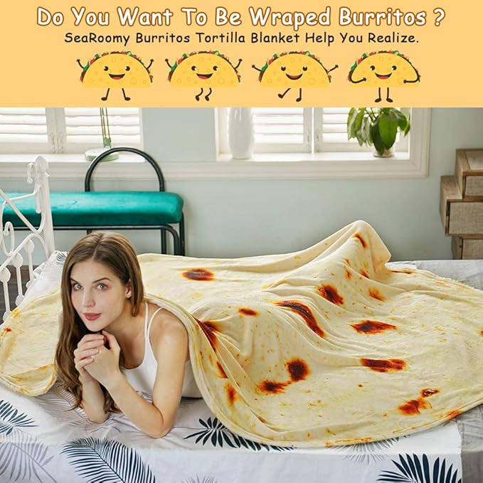 SeaRoomy Burritos Tortilla Throw Blanket, Tortilla Wrap Blanket, Novelty Tortillas Round Blankets Giant Tortillas Round Soft Blankets for Adults and Kids (Yellow, 71 inches)