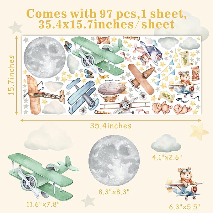 Vintage Airplane Wall Decals Cartoon Aircraft Balloon Animal Wall Stickers Moon Star Cloud Fabric Wall Stickers Cute Helicopter Watercolor Plane Wall Decals for Boys Room Kids Bedroom Nursery Decor