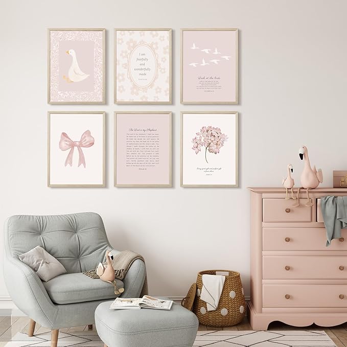 Nursery Christian Wall Art Bible Verse Prints Pink Girl Nursery Room Canvas Wall Decor Coquette Bow Poster Jesus Boho Scripture Pictures Vintage Floral Artwork for Bedroom 12x16x6 Inch Framed