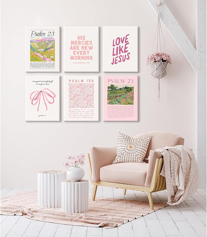 Christian Wall Art Pink Bible Verse Canvas Wall Decor Trendy Preppy Room Poster Cute Girls Scripture Pictures Decor Floral Bow Religious Prints Nursery Artwork for Bedroom 12x16x6 Inch Wrapped Canvas