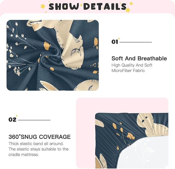 Easter Bunny Floral Dark Blue Crib Sheets Standard Crib Toddler Mattresses Cover Fitted Baby Bed Sheet Breathable Crib Mattress Sheet for Girls Boys 52" x 28"x5''
