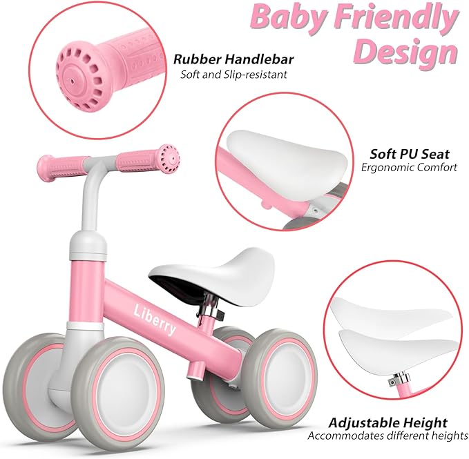 Liberry Baby Balance Bike with Adjustable Seat, Toddler First Ride-On Toy for 1-2 Year Old, Girls Birthday Gift