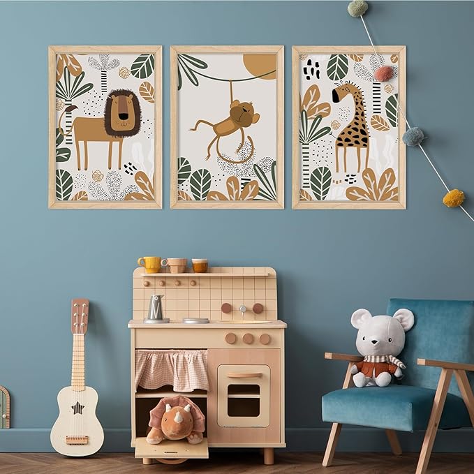YWJKWLGS Kids Safari Animal Wall Art Set of 3 - Cartoon Lion Monkey Giraffe Prints - 11x16 inch Wood Framed Nursery Decor for Baby/Toddler Room - Boho Jungle Theme Kids Room Wall Decor (Wood)