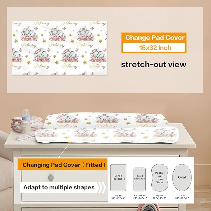 Custom Baby Bedding Set: Personalized Pink Sleeping Elephant Bedding, Baby Blanket Fitted Sheet Changing Cover Nursery Rug Gift Idea Room Decor