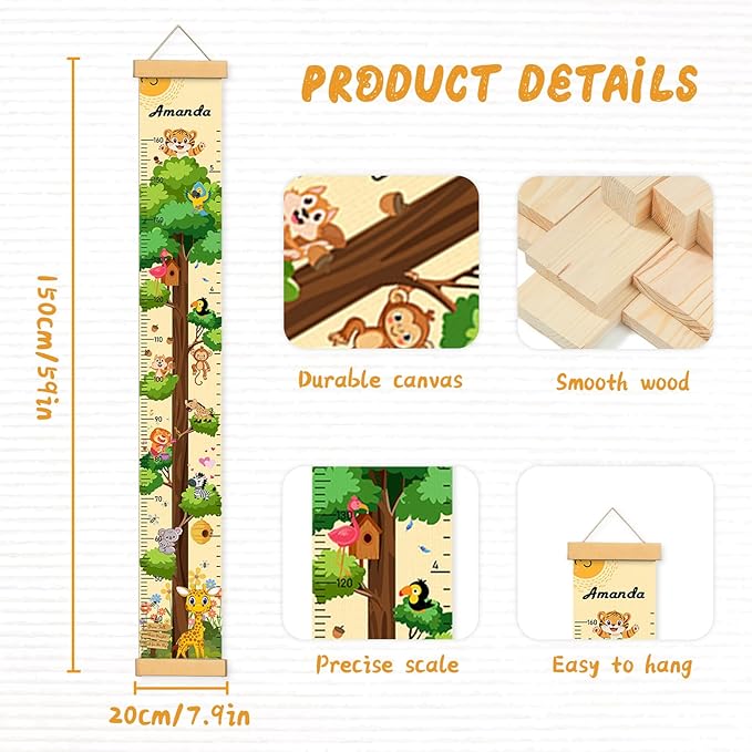 Woodemon Personalized Name Growth Chart for Wall, Painted Tree Animals Canvas Height Chart for Kids Baby Child Toddler, Canvas Growth Chart for Wall Nursery Decor, Hangable & Waterproof