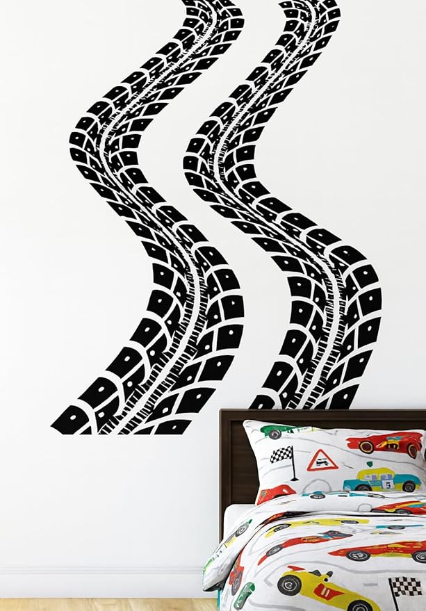 Tire Tracks Wall Decal for Kids Room – Racing Tire Mark Wall Sticker – Car Theme Bedroom, Nursery & Playroom Decor – Race Track Wall Art for Children & Boys Rooms
