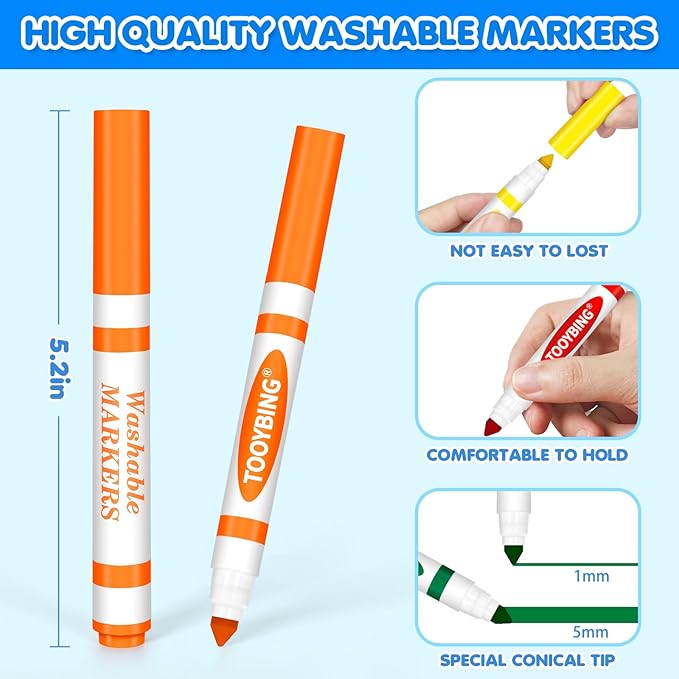 TooyBing 24 Color Washable Markers, Colored Washable Markers for Kids, Broad Tip Durable for Coloring Book, Back to Classroom Art School Supplies for Students Teachers Children