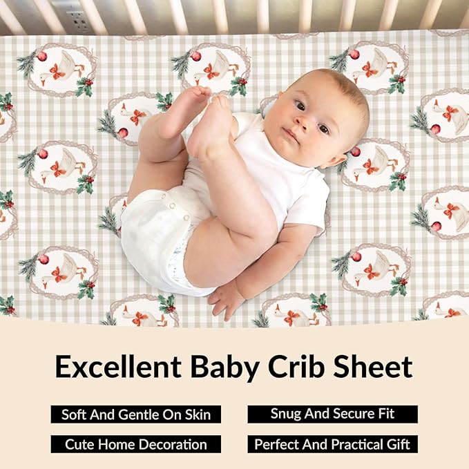 Christmas Geese Red Bows Baby Crib Sheets Cute Ducks Cherry Fir Leaves Soft Baby Sheets Winter Festive Holiday Farm Animals Fitted Crib Mattress Cover for Standard Crib & Toddler Mattress 52"x28"