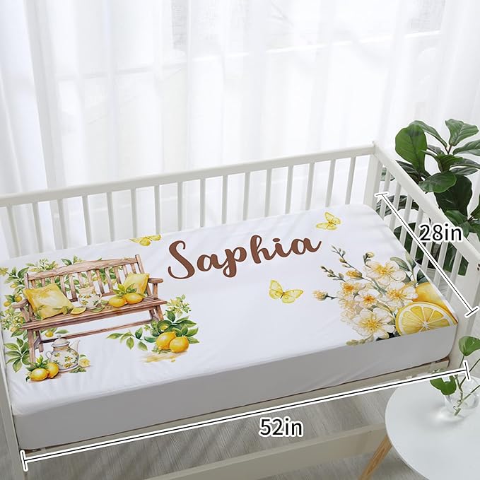 Custom Baby Crib Bedding Set, Personalized Name Lemon Tea Design Crib Set 3 Pcs, Soft Double Layer Blanket, Crib Sheet & Room Rug, Ideal Nursery Decor Gift for Baby Girls Boys