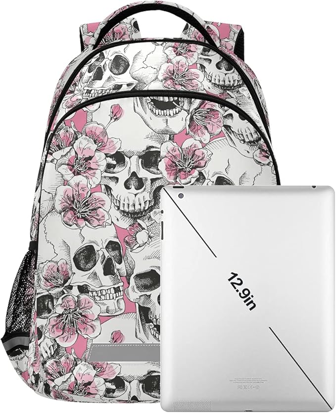 MNSRUU School Backpack with Chest Strap, Halloween Skull Flowers And Pink Cherries Laptop Backpack, Travel Hiking Backpack for Boys Girls, Rucksack, Knapsack