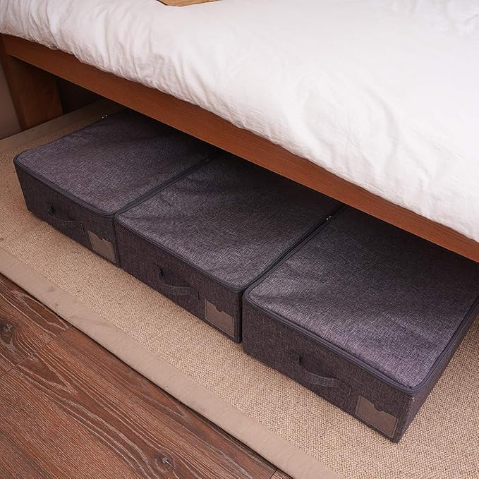 iwill CREATE PRO Underbed Storage Boxes for Bedding/Garment/Duvets/Blankets/Shoes, Folding Fabric Rigid Under bed Storage Bins with Zip Lid, Washable, Black Gray
