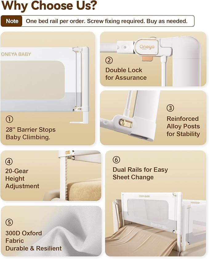 Bed Rail for Toddlers, Thickened & Reinforced Toddler Bed Rails with Double Child Lock, Upgraded Kids Baby Bed Rail Guard/Bed Side Rails for Queen, King Size,White/Grey, 1Side, 78.7" Lx28 H