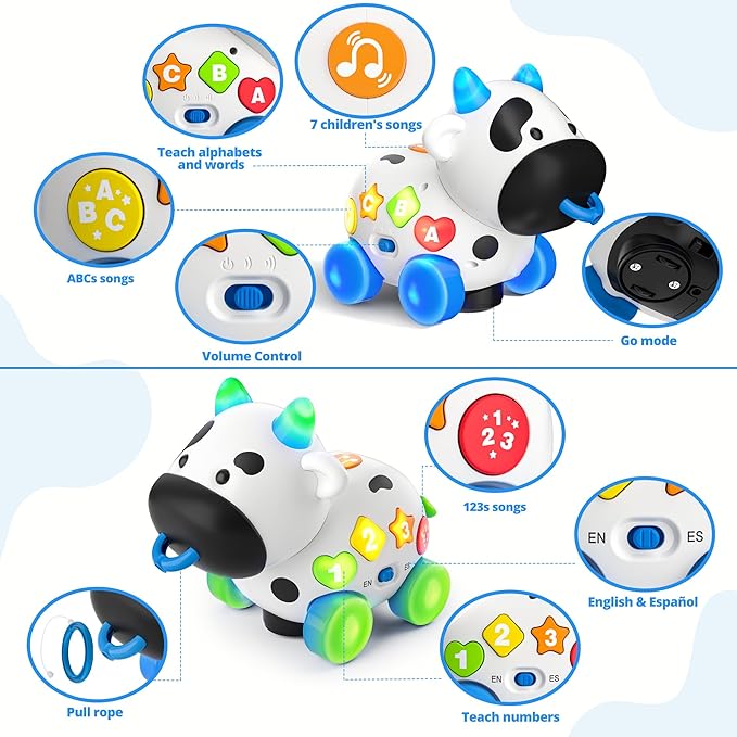 Musical Cow Baby Toys 6-12-18 Months, Bilingual Crawling Walking Toddler Educational Learning Toy for 1 Year Old Boy Girl Birthday Gifts, 6 7 8 9 10 12 Month Old