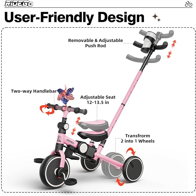 Ridego 5 in 1 Tricycle for Toddlers 3-5 Years Old,Foldable Toddler Bike with Push Handle and Cup Holder, Ideal Balance Bike and Birthday Gifts for 2 3 4 5 Year Old Boys Girls,Pink