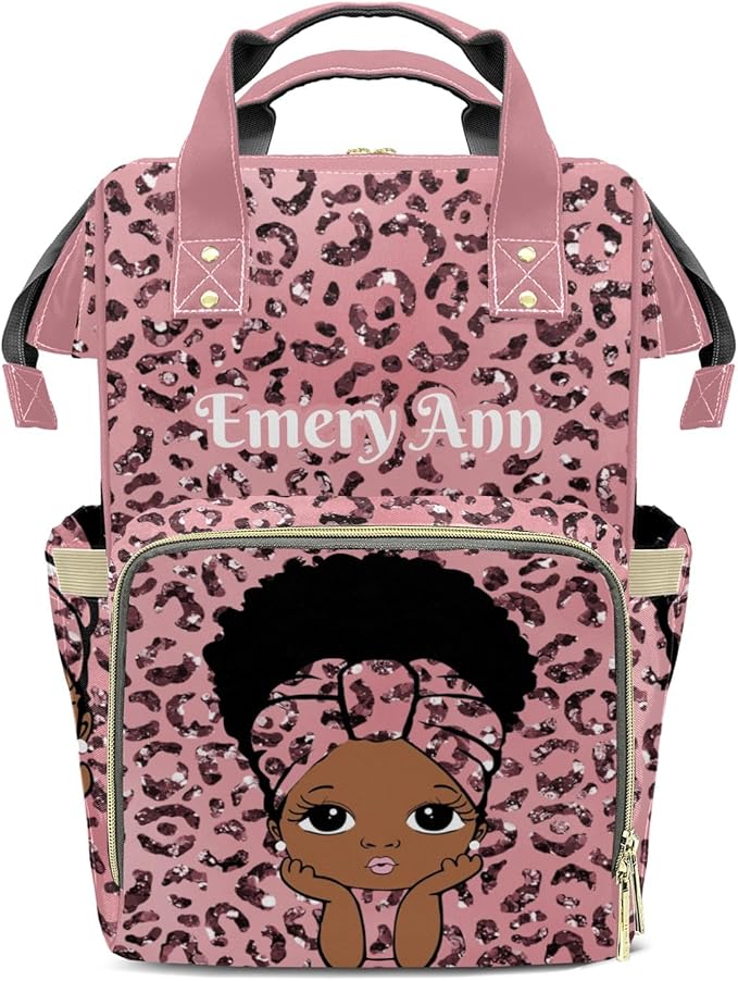 Personalized Pink leopard Print Glitter Girl Custom with Name Diaper Bag Backpack For Baby Boy Girl Dad Mom Unisex for Adult Daypack Holiday Gift