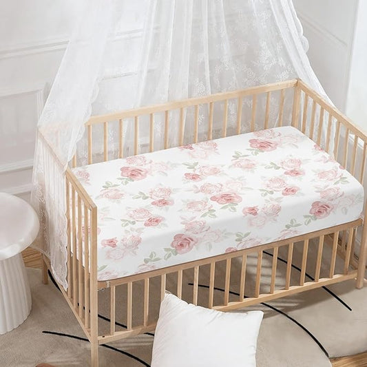 Pink Roses Fitted Crib Sheet for Boys Girls Beautiful Flower Leaves Baby Sheet for Standard Crib and Toddler Beauty Floral Nursery Bed Mattress Sheets 28"x52"