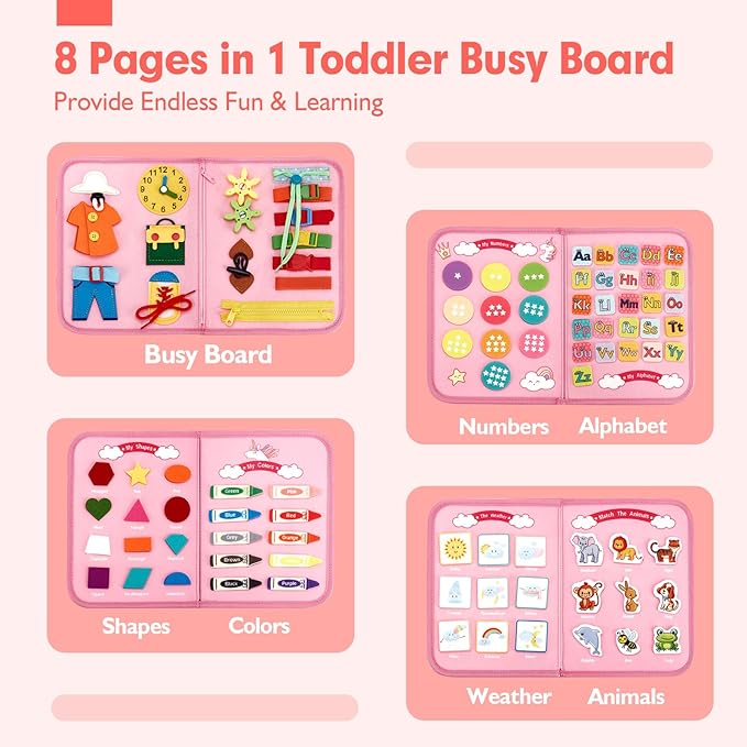 hahaland Toddler Busy Board Montessori Toys for 3 Year Old Girl Gifts, Educational Learning Toys with Life Skills, Alphabet, Number, Shape, Color, Easter Gift Travel Busy Book Sensory Activities Age 3