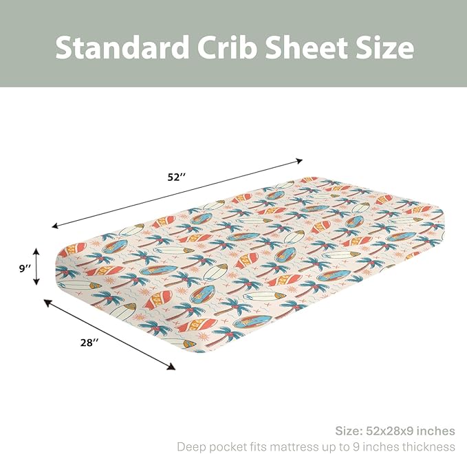 Retro Boho Surfing Baby Crib Sheets for Boy Girl 52x28Inch Summer Surfboards Coconut Palm Trees Sun Soft Snug Fitted Crib Mattress Cover Beach Life Baby Sheet for Standard Crib & Toddler Bed Mattress