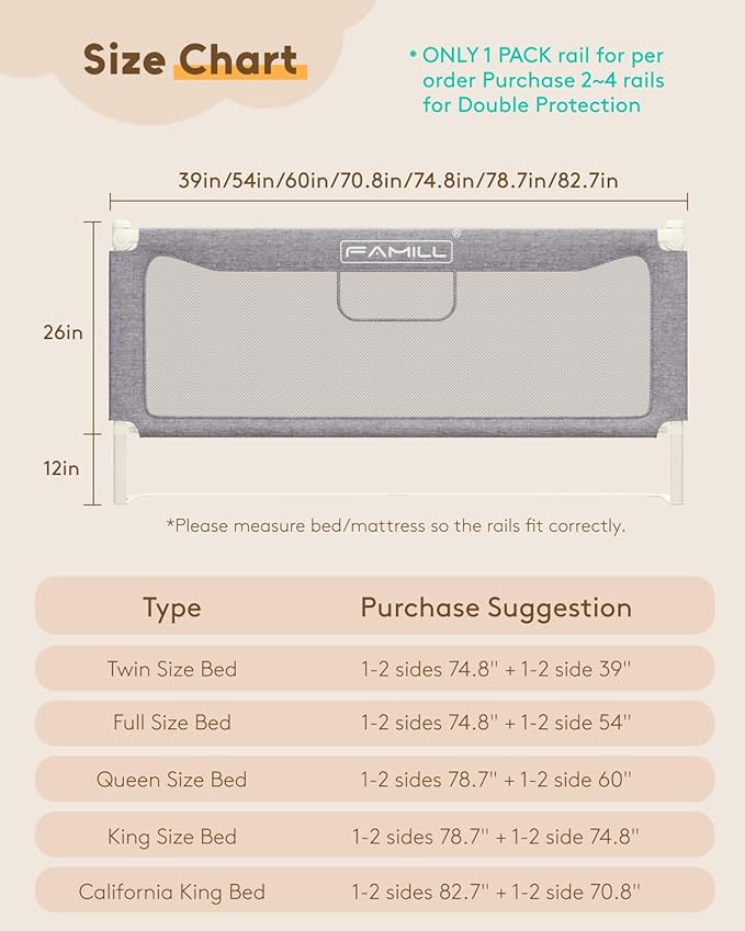 FAMILL Bed Rail for Toddlers, Foldable Toddler Bed Rails Suitable for Queen/King/Full/Twin Size, Grey, 60", 1 Side