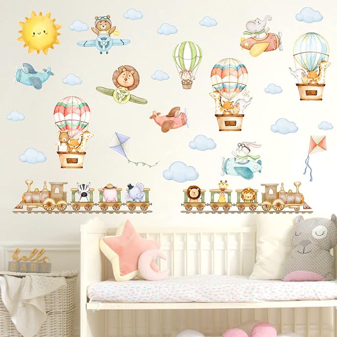Train Animal Wall Stickers Cartoon Animal Wall Stickers Airplane Hot Air Balloon Decals Watercolor Sun Cloud Decals Cute Balloon Animals Sticker for Nursery Kids Room Playroom Decor