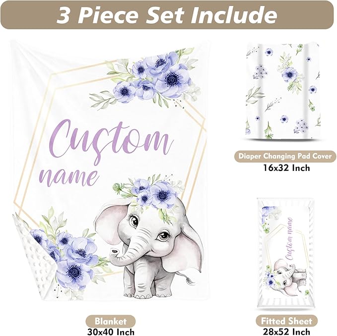 Custom Name Crib Bedding Set 3-Piece – Purple Flower Elephant Design Baby Bedding Set with Personalized Soft Blanket, Fitted Sheet, Changing Pad Cover – Ideal Newborn Gift for Boys and Girls