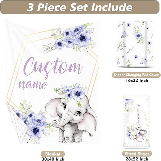 Custom Name Crib Bedding Set 3-Piece – Purple Flower Elephant Design Baby Bedding Set with Personalized Soft Blanket, Fitted Sheet, Changing Pad Cover – Ideal Newborn Gift for Boys and Girls