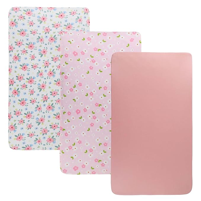 Onacosht Stretchy Bassinet Sheets 33" x 19" Compatible with Mika Micky, KoolaBaby (3 in 1), BabyBond, HARPPA and RICUTON Bedside Bassinet, 3 Pack for Baby Boy and Girl, Pink Floral