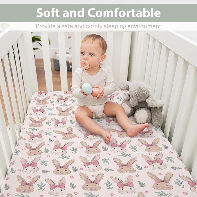 Easter Bunnies Pink Bows Baby Crib Sheets for Boy Girl 52"x28" Cute Rabbit Leaves Soft Stretchy Fitted Crib Mattress Cover Spring Garden Animal Baby Sheet for Standard Crib and Toddler Bed Mattress