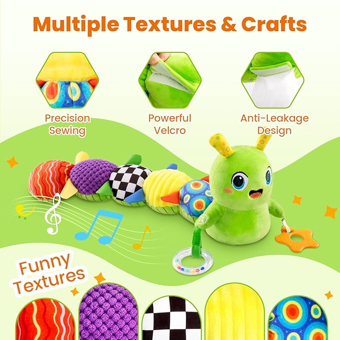 Baby Toys 0-6 Months, Washable Baby Musical Caterpillar Toys with 10 Kid's Songs,Rattles,BabyTeething Toys,Suitable for 0-6, 6-12 Months Infant Tummy Time Toy,Newborn Baby Boy&Gril Gifts (Green)