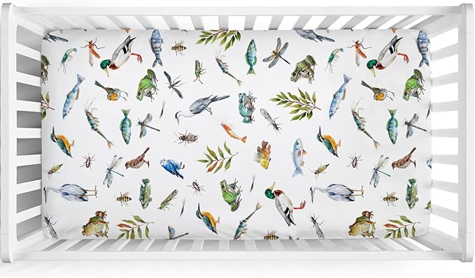 Wildlife Pond Baby Crib Sheets 52''x28'' Wild Animals Frogs Duck Fish Bird Weeds Snug Fitted Crib Mattress Cover for Boy Girl Fishing Hunting Soft Nursery Bed Sheet for Standard Crib Toddler Mattress