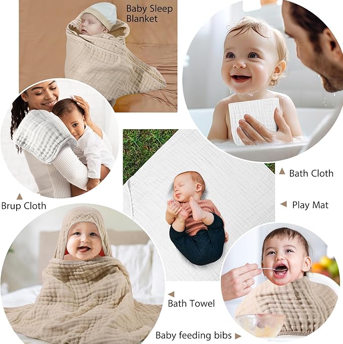 VitalCozy 6 Pcs Baby Muslin Hooded Bath Towels and Washcloths Muslin Cotton Hooded Baby Towels Absorbent Blankets for Gift Newborn Infant Shower (32 x 32 Inch,White,Beige)