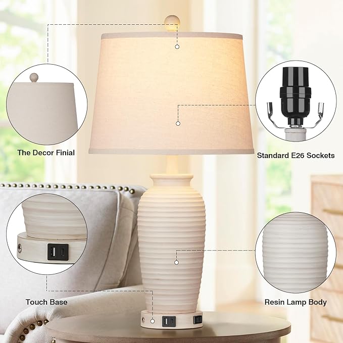 CINSARY 24.3" Farmhouse Jar Table Lamps Set of 2, 3 Way Touch Control Rustic Bedside Lamps with USB A+C Ports & AC Outlet, Pot Nightstand Lamps for Bedroom Living Room (LED Bulbs Included)