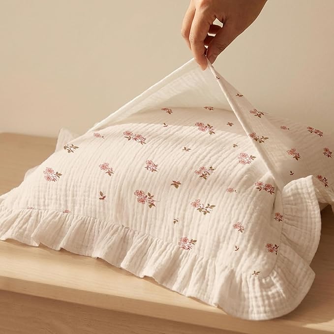 Muslin Ruffled Toddler Pillowcases 13"x18" 2 Pack, Soft, Breathable Muslin Cotton Travel Pillow Covers with Envelope Closure for Baby Boys, Girls & Kids (Rosy-Ruffled, 13 x 18 Inch)