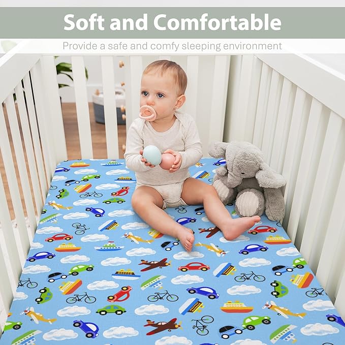 Planes Automobiles Transport Baby Crib Sheets for Boy Girl 28"x52" Airplanes Boats Bike Car Clouds Blue Soft Stretchy Fitted Crib Mattress Cover Travel Baby Sheet for Standard Crib & Toddler Mattress